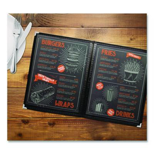 Excello Global Products Menu Holder For 8.5 x 11 Menus, Portrait Orientation, 4-View, 9.6 x 12 Holder, Clear/Black/Silver, 10/Pack (SPLSMENU4)