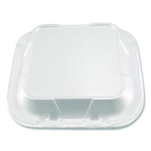 Plastifar Foam Hinged Lid Containers, 3-Compartment, 8.56 x 8 x 2.76, White, Foam, 200/Carton (12092)