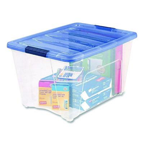 IRIS Stack and Pull Latching Flat Lid Storage Box, 13.5 gal, 22" x 16.5" x 13.03", Clear/Translucent Blue (100242)