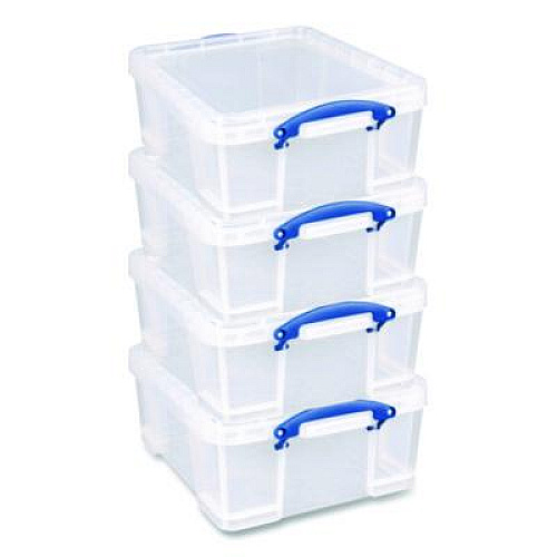 Really Useful Box Snap-Lid Storage Bin, 4.49 gal, 11" x 18" x 4", Clear/Blue, 4/Pack (17CPK4CB)