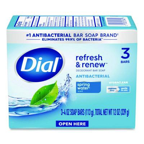 Dial Refresh and Renew Antibacterial Deodorant Bar Soap, Spring Water Scent, 4 oz, 3 Bars/Pack, 4 Packs/Carton (11811)