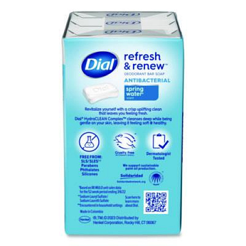 Dial Refresh and Renew Antibacterial Deodorant Bar Soap, Spring Water Scent, 4 oz, 3 Bars/Pack, 4 Packs/Carton (11811)