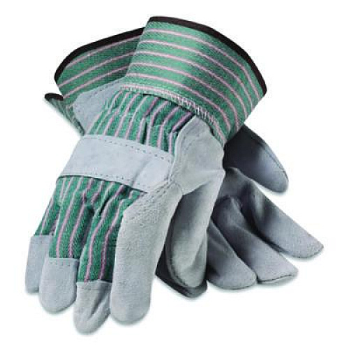PIP Bronze Series Leather/Fabric Work Gloves, Gunn Cut, Wing Thumb, Large (Size 9), Gray/Green, 12 Pairs (836563L)