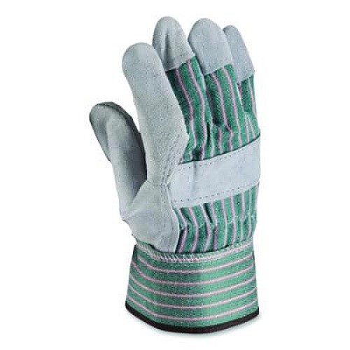 PIP Bronze Series Leather/Fabric Work Gloves, Gunn Cut, Wing Thumb, Large (Size 9), Gray/Green, 12 Pairs (836563L)