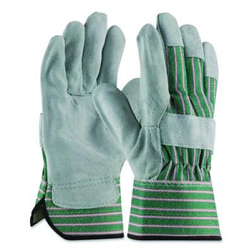 PIP Bronze Series Leather/Fabric Work Gloves, Gunn Cut, Wing Thumb, Large (Size 9), Gray/Green, 12 Pairs (836563L)