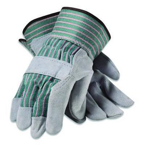 PIP Bronze Series Leather/Fabric Work Gloves, Gunn Cut, Wing Thumb, Medium (Size 8), Gray/Green, 12 Pairs (836563M)