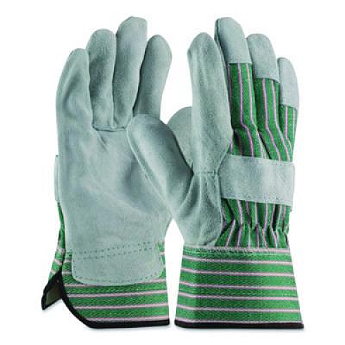 PIP Bronze Series Leather/Fabric Work Gloves, Gunn Cut, Wing Thumb, Medium (Size 8), Gray/Green, 12 Pairs (836563M)