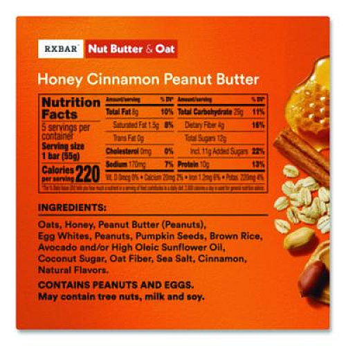 A.M. RXBAR Gluten-Free Honey Cinnamon Peanut Butter Protein Bar, 1.9 oz Bar, 12/Box (KEE00533)