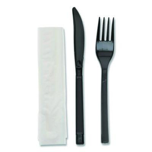 Pactiv Evergreen Gardenware Cutlery Kit, Individually Wrapped, Heavyweight, Fork/Knife/Napkin, Plastic, Black, 500/Carton (GKFKNECH)