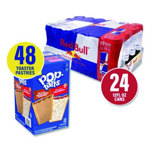 Snack Box Pros Red Bull Energy Drink and Pop Tart Combo Pack,(24) 12oz Cans,(24) Frosted Strawberry/(24) Frosted Brown Sugar Cinnamon/Bundle (60004173)