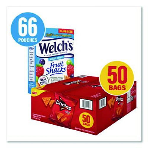 Snack Box Pros Doritos Nacho Cheese Tortilla Chips and Welch's Mixed Fruit Snacks, (50) 1oz Bag Chips, (66) 0.8 oz Pouch Fruit Snacks/Bundle (60004174)