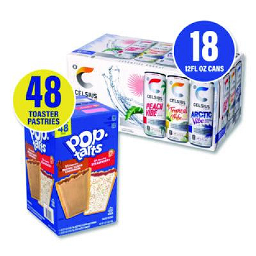 Kellogg's Celcius Vibe and Pop Tarts Variety Combo Pack,(18) 12oz Cans,(24) Frosted Strawberry/(24) Frosted Brown Sugar Cinnamon/Bundle (60004172)