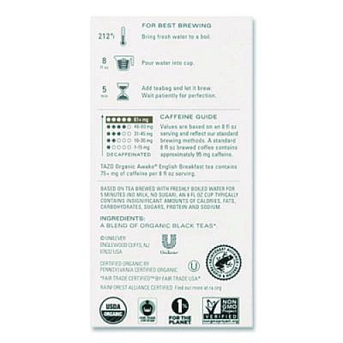 Tazo Tea Bags, Organic Awake English Breakfast, 16/Box (TAZ00303BX)