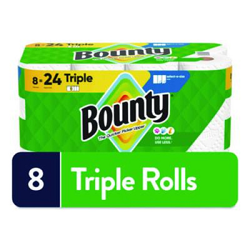 Bounty Select-a-Size Kitchen Roll Paper Towels, 2-Ply, White, 6 x 11, 123 Sheets/Roll, 8 Triple Rolls/Carton (16014)