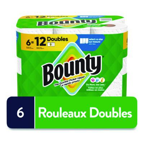 Bounty Select-a-Size Kitchen Roll Paper Towels, 2-Ply, White, 10.2 x 11, 75 Sheets/Roll, 6 Triple Rolls/Pack (16008)