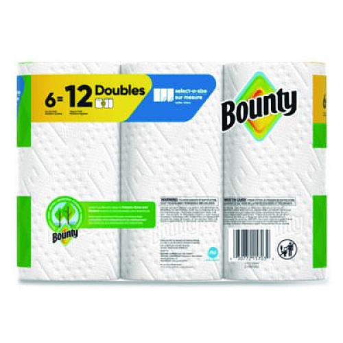 Bounty Select-a-Size Kitchen Roll Paper Towels, 2-Ply, White, 10.2 x 11, 75 Sheets/Roll, 6 Triple Rolls/Pack (16008)