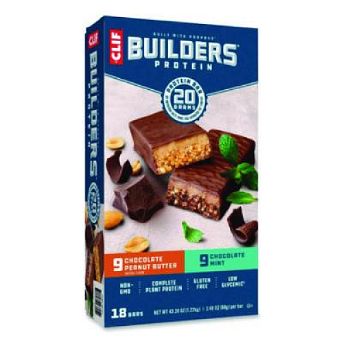 CLIF Bar Builders Protein Bar, Chocolate Mint/Chocolate Peanut Butter, 2.4 oz Bar, 18 Bars/Box (22000543)