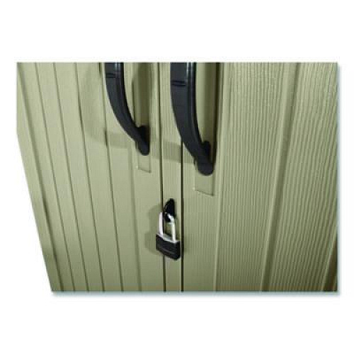 Rubbermaid Vertical Storage Shed, 53 cu ft, 2.5 ft x 4 ft x 7 ft, Sandstone/Faint Maple (5L3000SDONX)