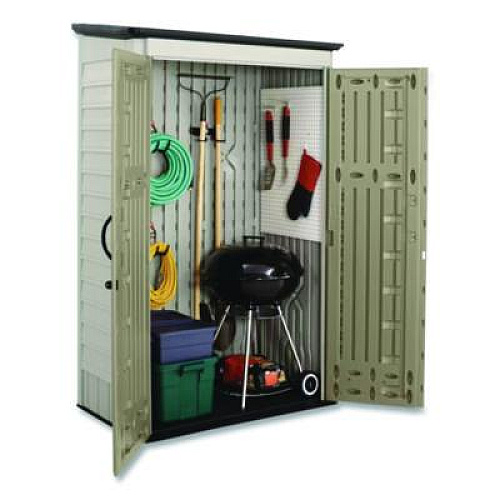 Rubbermaid Vertical Storage Shed, 53 cu ft, 2.5 ft x 4 ft x 7 ft, Sandstone/Faint Maple (5L3000SDONX)