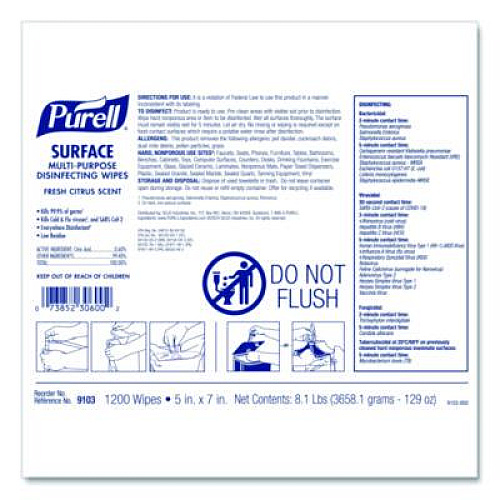 PURELL Surface Multi-Purpose Disinfecting Wipes, 1-Ply, 5 x 7, Fresh Citrus, White, 2/Carton (910302CT)