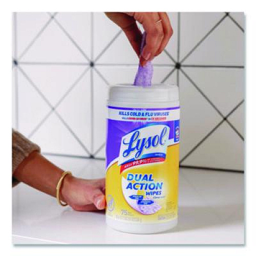 LYSOL Brand Dual Action Disinfecting Wipes, 1-Ply, 7 x 7.25, Citrus, White/Purple, 75/Canister, 6 Canisters/Carton (81700CT)