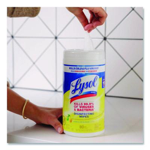 LYSOL Brand Disinfecting Wipes, 1-Ply, 7 x 7.25, Lemon and Lime Blossom, White, 80 Wipes/Canister, 2 Canisters/Pack, 3 Packs/Carton (80296)