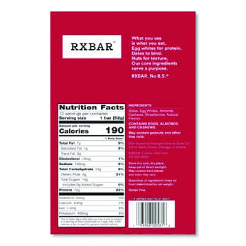 RXBAR Gluten-Free Strawberry Protein Bar, 1.83 oz Bar, 12/Box (KEE00580)