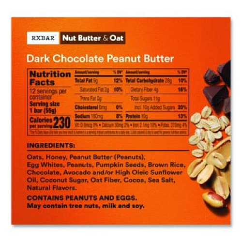 A.M. RXBAR Gluten-Free Peanut Butter Dark Chocolate Protein Bar, 1.9 oz Bar, 12/Box (KEE00718)