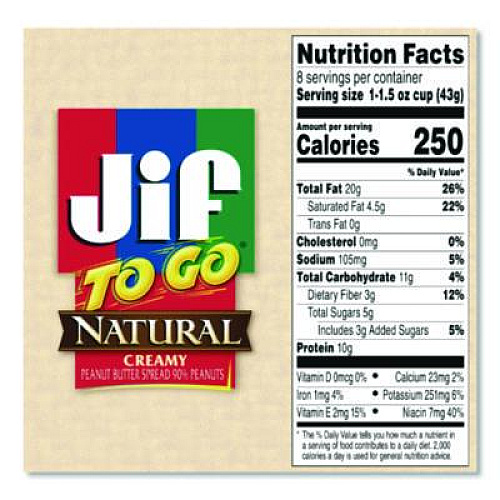 Jif To Go Spreads, Natural Creamy Peanut Butter, 1.5 oz Cup, 8/Box (24307)