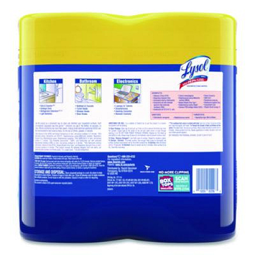 LYSOL Brand Disinfecting Wipes, 1-Ply, 7 x 7.25, Lemon and Lime Blossom, White, 80 Wipes/Canister, 2 Canisters/Pack (80296PK)