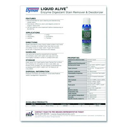 Dymon LIQUID ALIVE Carpet Cleaner/Deodorizer, 20 oz Aerosol Spray, 12/Carton (33420)