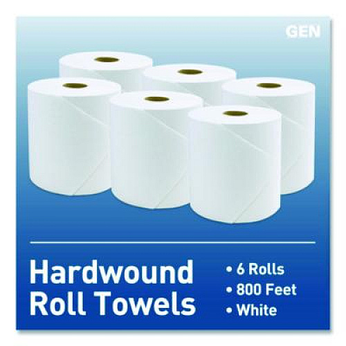 GEN Hardwound Roll Towels, 1-Ply, 8" x 800 ft, White, 6 Rolls/Carton (1820)