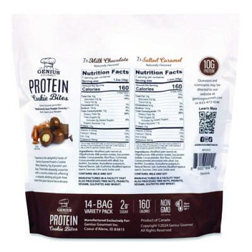 Genius Gourmet Protein Cookie Bites Variety Pack, Salted Caramel and Milk Chocolate, 1.2 oz Bag, 14/Box (22002521)