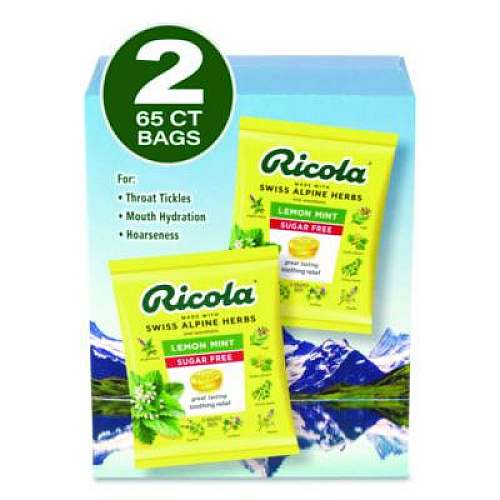 Ricola Sugar-Free Lemon Mint Herb Throat Drops, 65/Bag, 2 Bags/Pack (22002531)