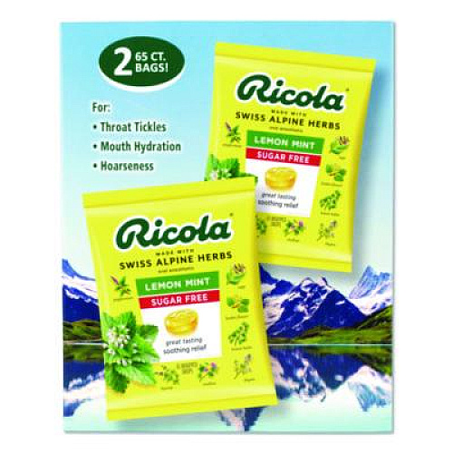 Ricola Sugar-Free Lemon Mint Herb Throat Drops, 65/Bag, 2 Bags/Pack (22002531)