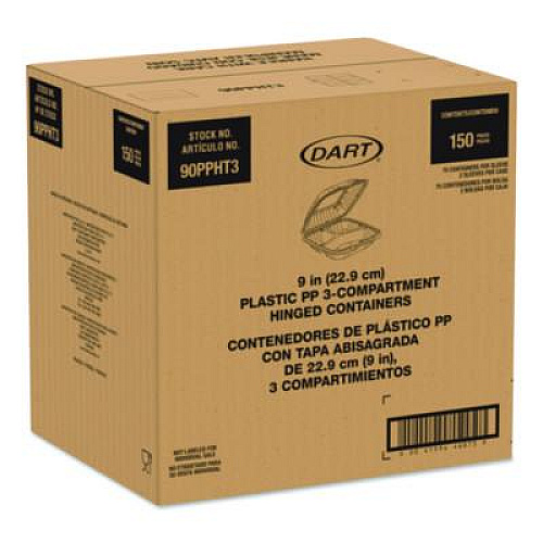 Dart Microwaveable Hinged Containers, ProPlanet Seal, 3 Compartments, 9 x 8.75 x 3, Clear, Plastic,150/Carton (90PPHT3)