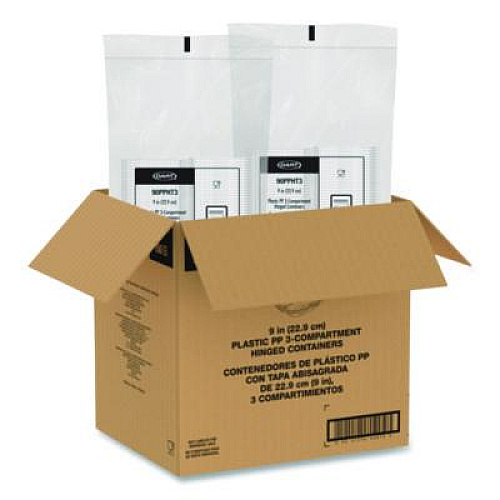 Dart Microwaveable Hinged Containers, ProPlanet Seal, 3 Compartments, 9 x 8.75 x 3, Clear, Plastic,150/Carton (90PPHT3)