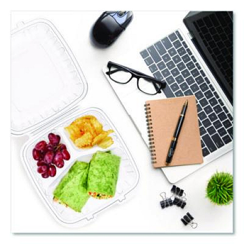 Dart Microwaveable Hinged Containers, ProPlanet Seal, 3 Compartments, 9 x 8.75 x 3, Clear, Plastic,150/Carton (90PPHT3)