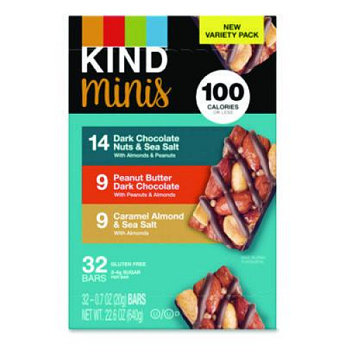 KIND Minis, Dark Chocolate Nuts Sea Salt/Caramel Almond Nuts Sea Salt, 0.7 oz Bar, 32 Bars/Carton (22000799)