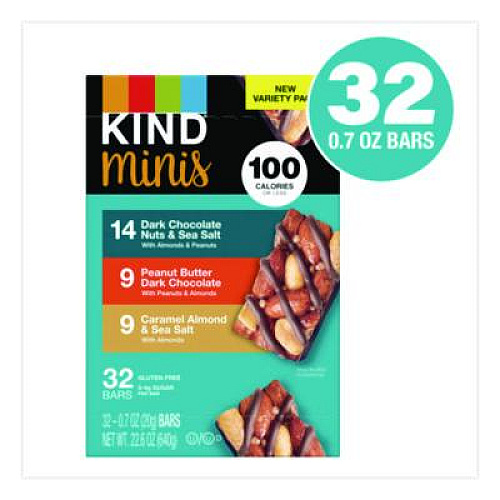 KIND Minis, Dark Chocolate Nuts Sea Salt/Caramel Almond Nuts Sea Salt, 0.7 oz Bar, 32 Bars/Carton (22000799)