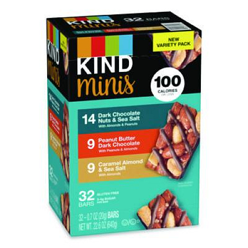 KIND Minis, Dark Chocolate Nuts Sea Salt/Caramel Almond Nuts Sea Salt, 0.7 oz Bar, 32 Bars/Carton (22000799)