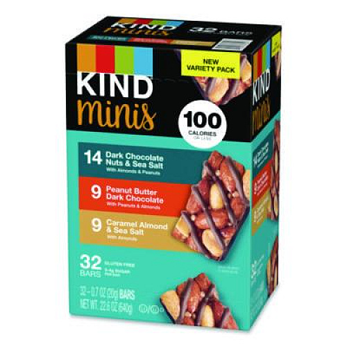 KIND Minis, Dark Chocolate Nuts Sea Salt/Caramel Almond Nuts Sea Salt, 0.7 oz Bar, 32 Bars/Carton (22000799)