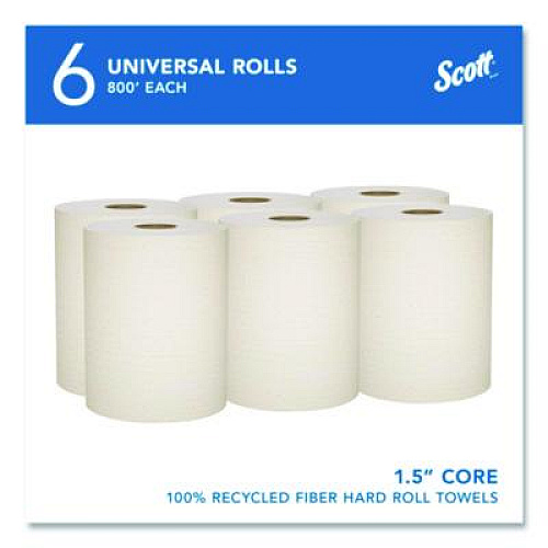 Scott Essential 100% Recycled Fiber Hard Roll Towel, 1-Ply, 8" x 800 ft, 1.5" Core, Brown, 6 Rolls/Carton (56758)