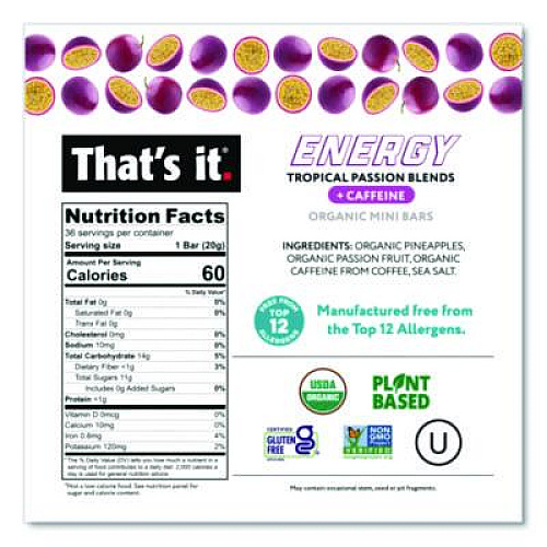 Thats it. Organic Energy Bars, Tropical Passion Blend, 0.7 oz Bar, 36/Box (22002519)