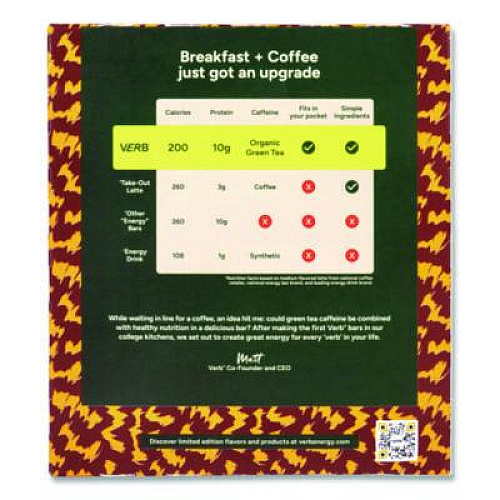VERB Energy Caffeinated Protein Bar, Chocolate Chip Peanut Butter, 1.8 oz Bar, 12/Box (22002522)
