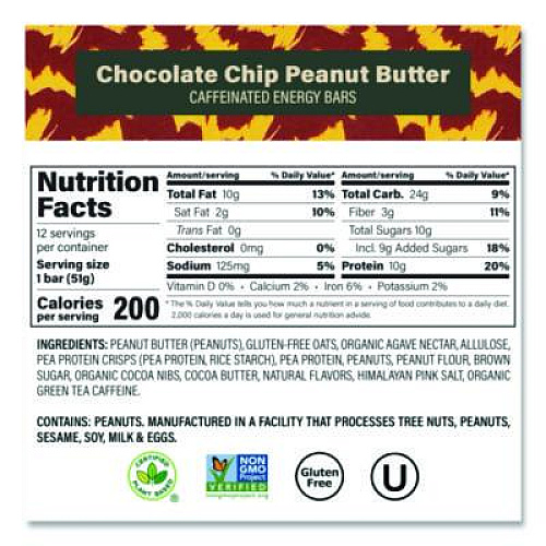 VERB Energy Caffeinated Protein Bar, Chocolate Chip Peanut Butter, 1.8 oz Bar, 12/Box (22002522)