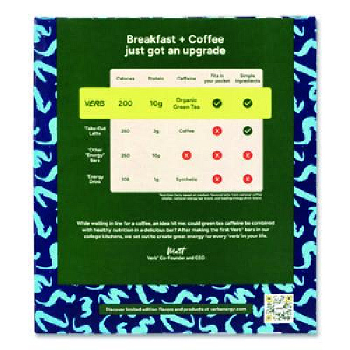 VERB Energy Caffeinated Protein Bar, Oatmeal Chocolate Chip, 1.8 oz Bar, 12/Box (22002523)