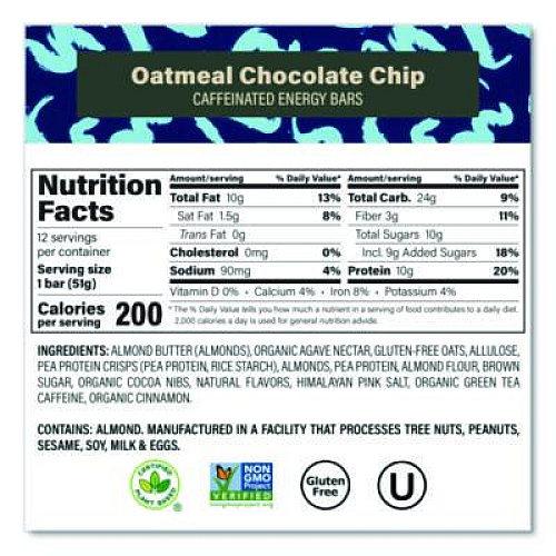 VERB Energy Caffeinated Protein Bar, Oatmeal Chocolate Chip, 1.8 oz Bar, 12/Box (22002523)