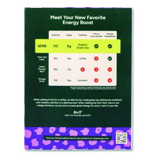 VERB Energy Caffeinated Energy Bar, Chocolate Chip Cookie Dough, 0.92 oz Bar, 16/Box (22002525)