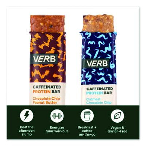 VERB Energy Caffeinated Protein Bar, Chocolate Chip Peanut Butter and Oatmeal Chocolate Chip, 1.8 oz Bar, 24/Box (60004177)
